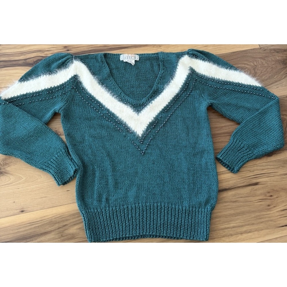 Vintage Nannell Sweater L Teal Angora Wool Beaded Chevron Hand Knit 80s